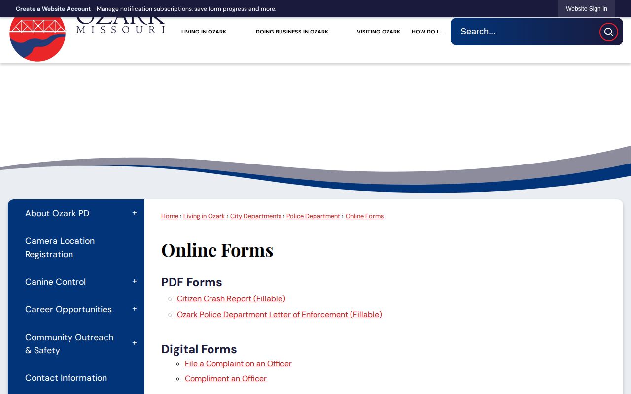 Ozark Police records-request access on the Ozark official online forms directory